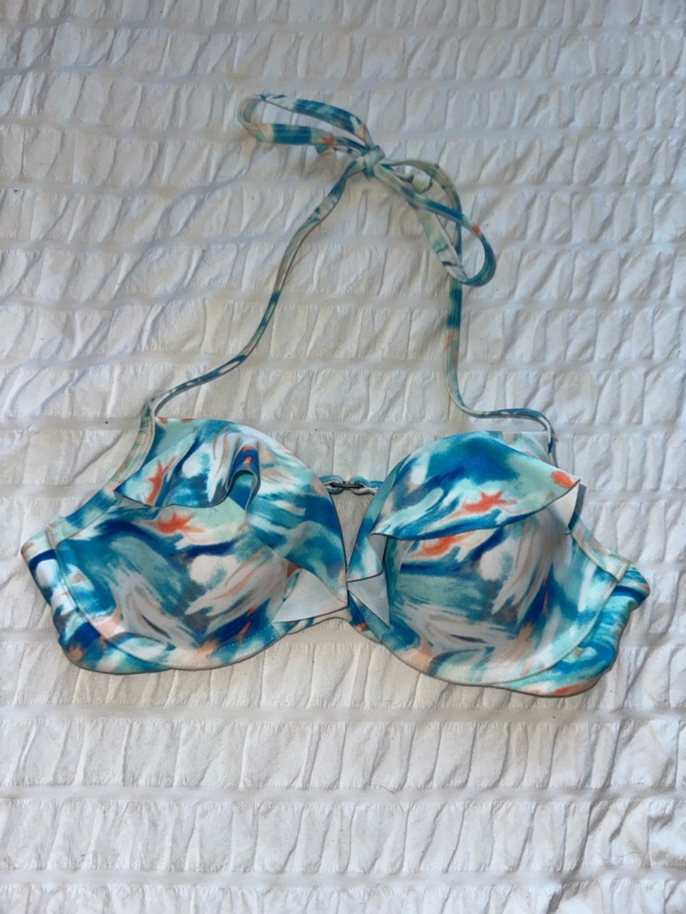 Hollister Teal Blue & White Watercolor Print Bikini Top